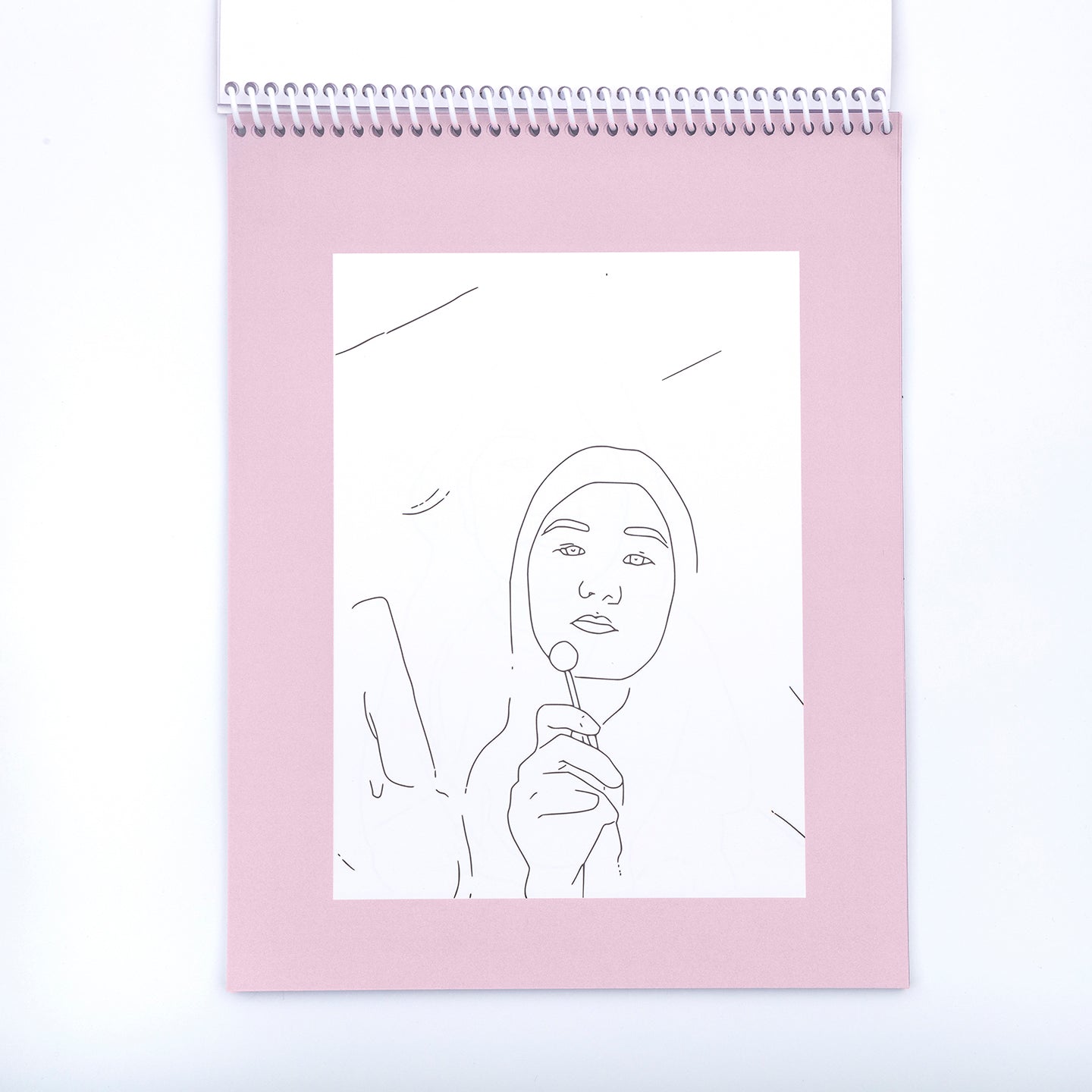 Interior page of line drawing of girl from Coloring book called Wonderbook