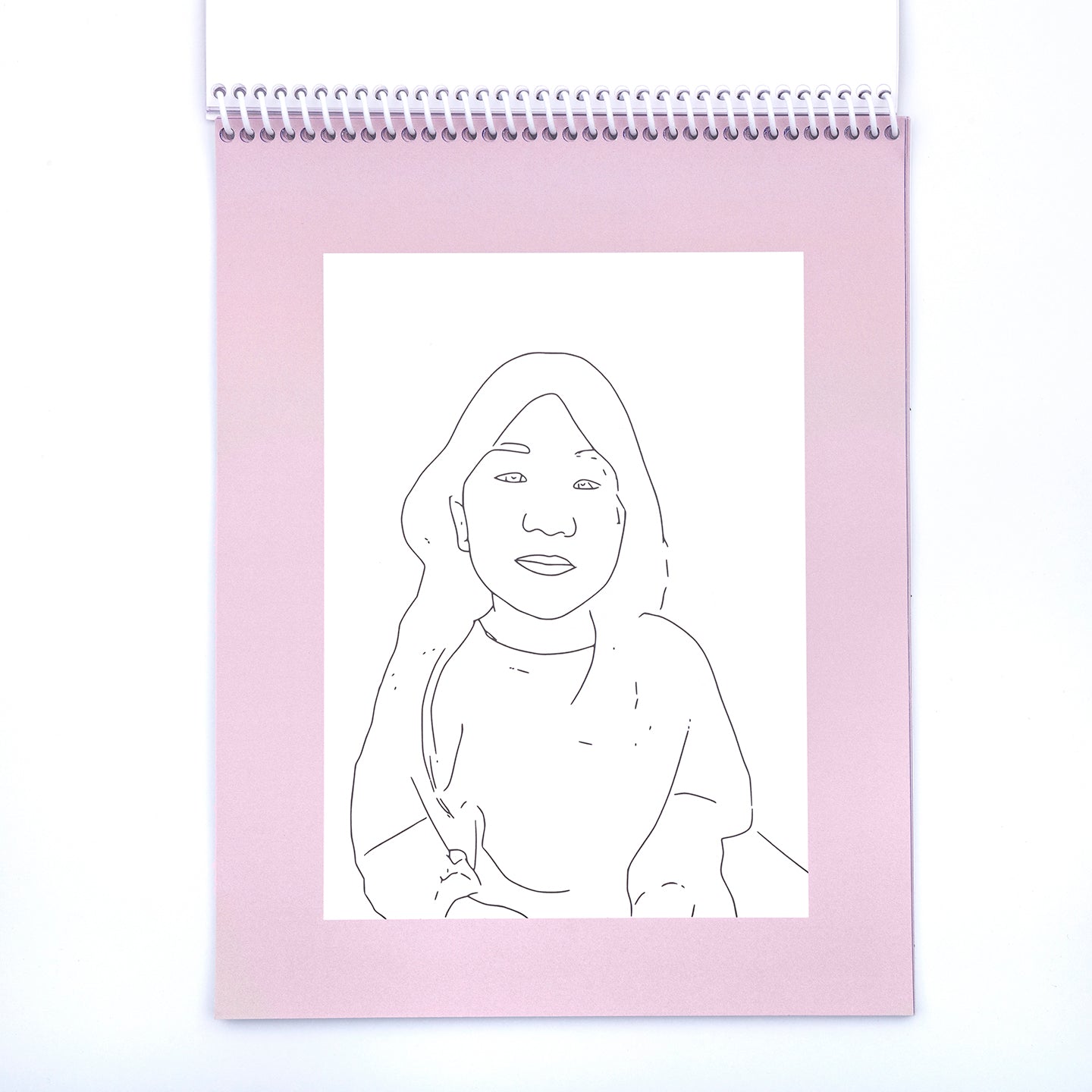 Interior page of line drawing of girl from Coloring book called Wonderbook