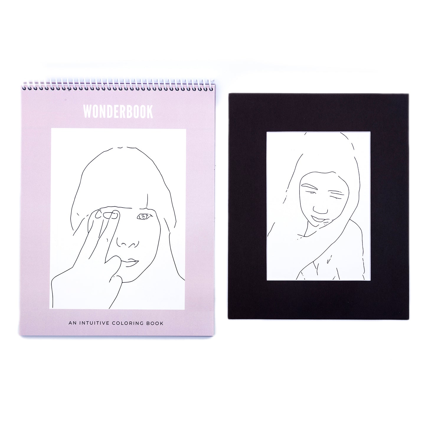 Cover of Coloring book called Wonderbook with one black matted print of line drawing with girl