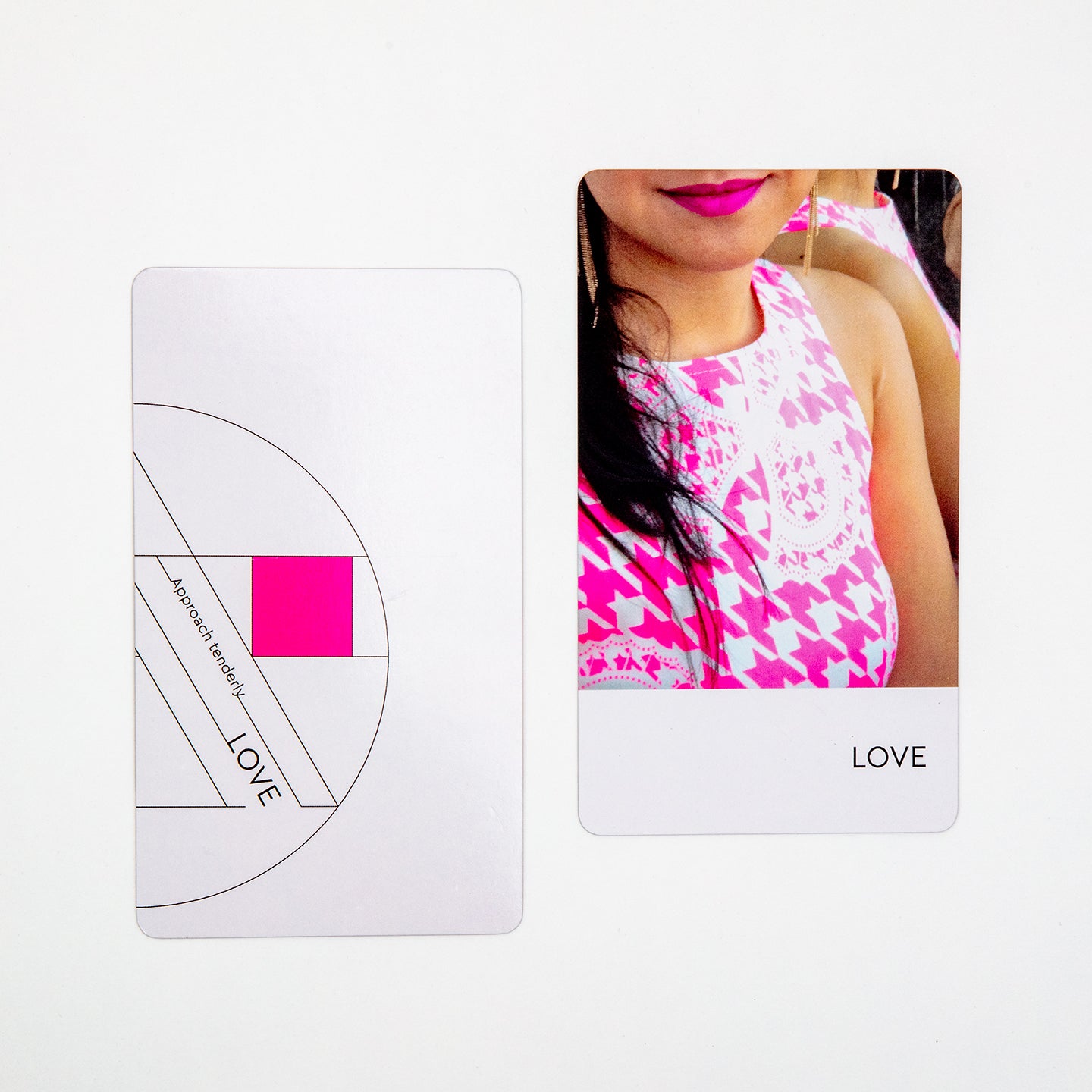 Feng shui card for LOVE with image of woman in pink.Wellness and oracle deck called 9 Worlds made by Everyday Art Cards
